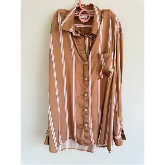 Aerie Pj to Party Pajama Set Button Down Short Size Small Brown Satin Pink - Picture 2 of 10